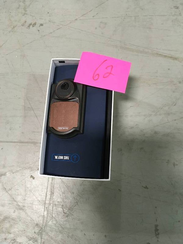 lot 62 image: Schlage BE479AA  Camelot Aged Bronze Sense Smart Lock in good conditions