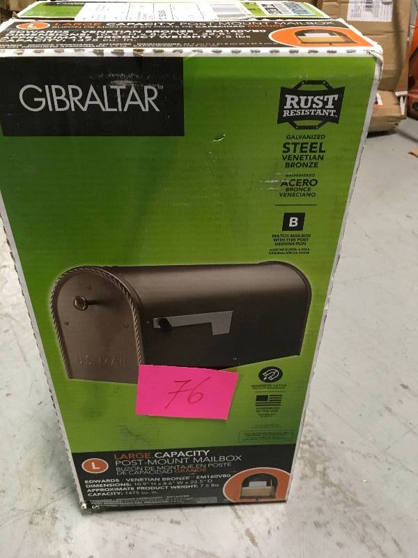 lot 76 image: Gibraltar Mailboxes Edwards Large Capacity Galvanized Steel Venetian Bronze, Post-Mount Mailbox, EM160VB0