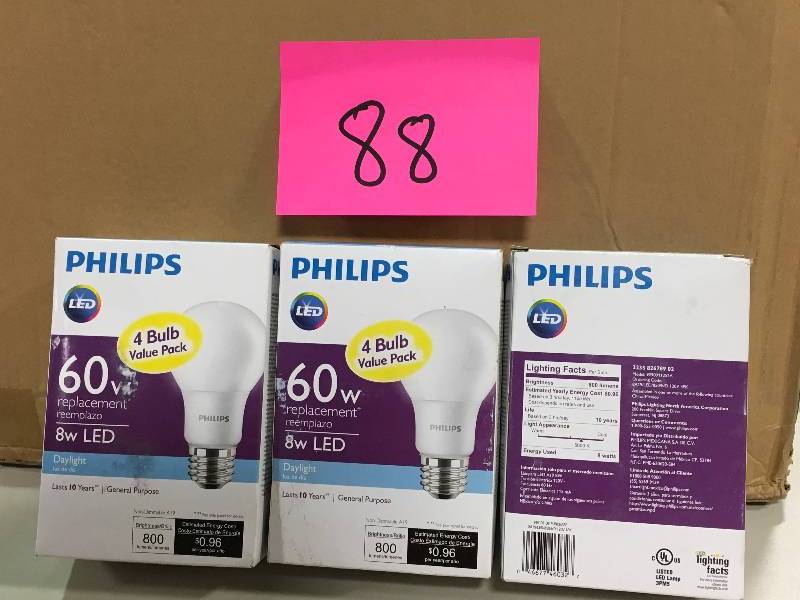 lot 88 image: 60-Watt Equivalent A19 LED Light Bulb Daylight (4-Pack)  LOT OF 3 not used