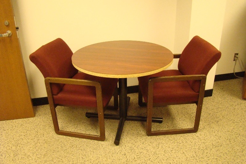 lot 36 image: Steel Based Table and 2 Wood Framed Chairs