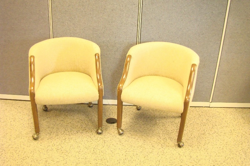 lot 64 image: 2 Wood Framed Barrel Chairs on Casters