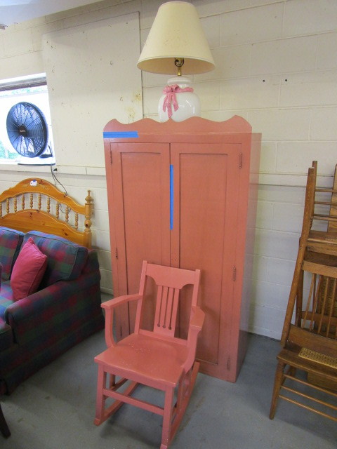 WOODEN CABINET W MATCHING ROCKING CHAIR AND LAMP