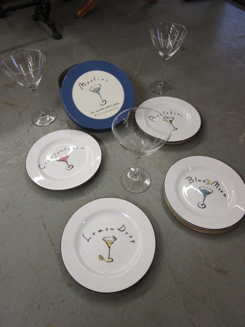 4 ASSORTED COCKTAIL PLATES  3 PIECES OF GLASS COCKTAIL STEMWARE