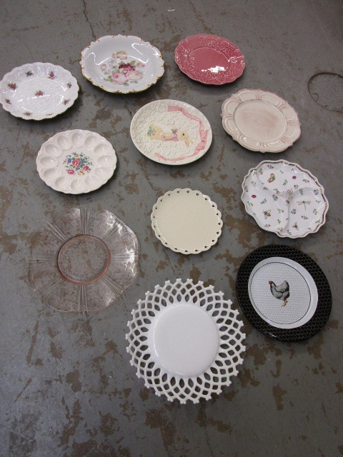 ASSORTED PORCELAIN, GLASS, SS PLATES