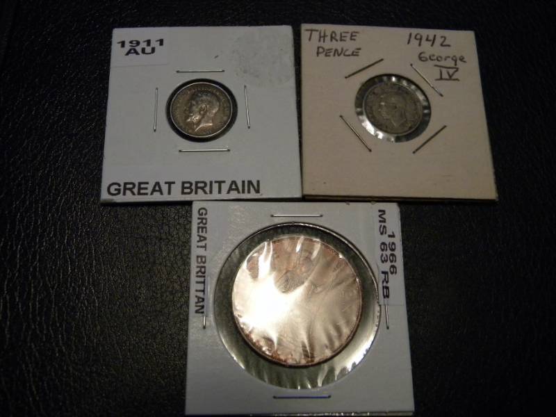 Great Britain 1911 92.5% Silver 3 pence, 1942 50% Silver 3 pence & 1966 One Penny