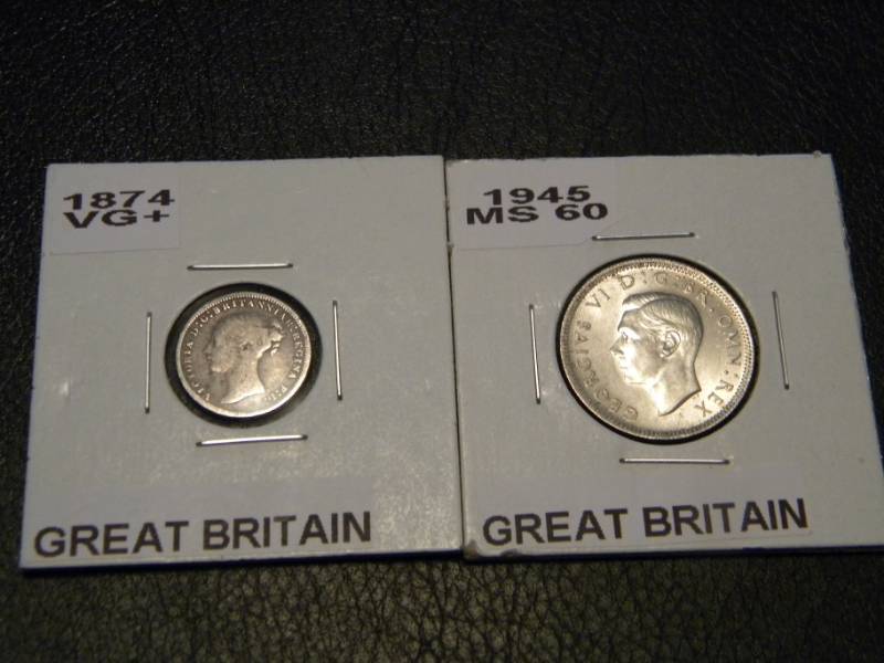 1874 3 pence 92.5% Silver & 1945 One Shilling 50% Silver