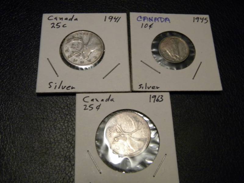 Canada 1941 and 1963 Quarters & 1945 Dime (All are 80% Silver)