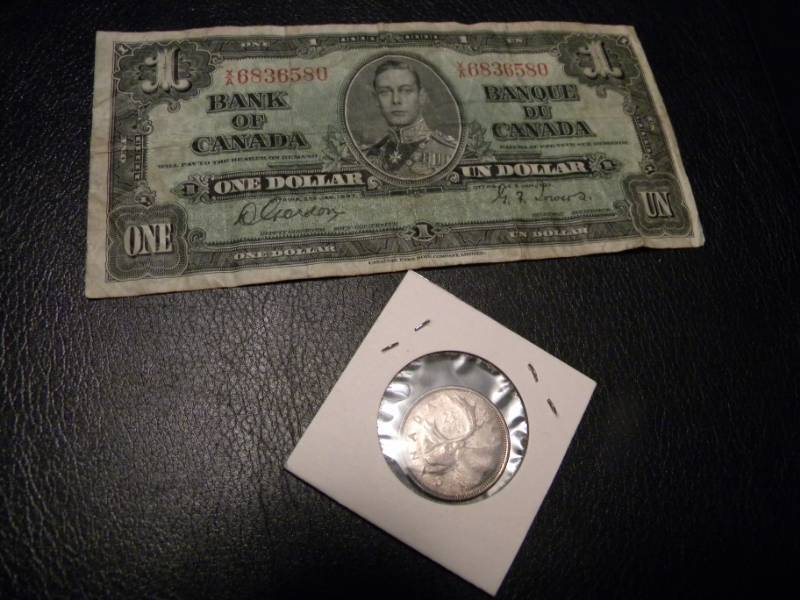 Canadian 1937 One Dollar Note & 1964 Quarter (80% Silver)