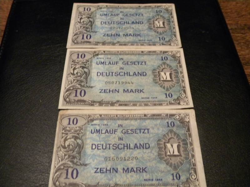 3 German 1944 10 Mark Allied Military Notes