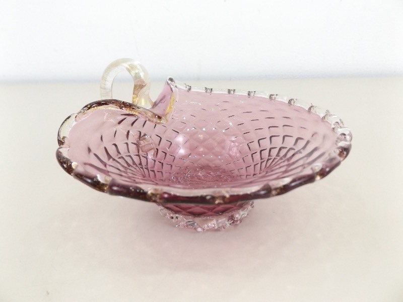 lot 71 image: Vintage Hand Blown Cranberry Glass with Gold Speckles Vase, and Handled Candy Dish