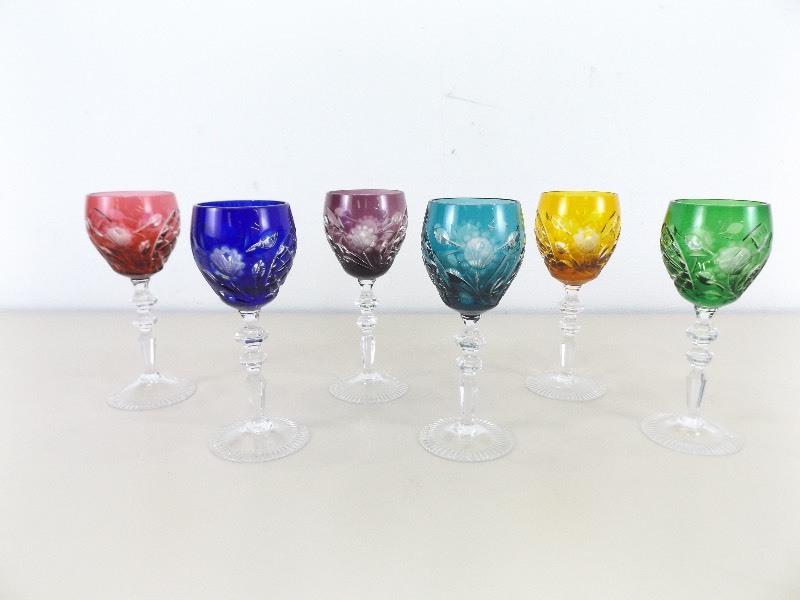 lot 76 image: Six MINT Colored CutEtched Crystal Wine Glasses