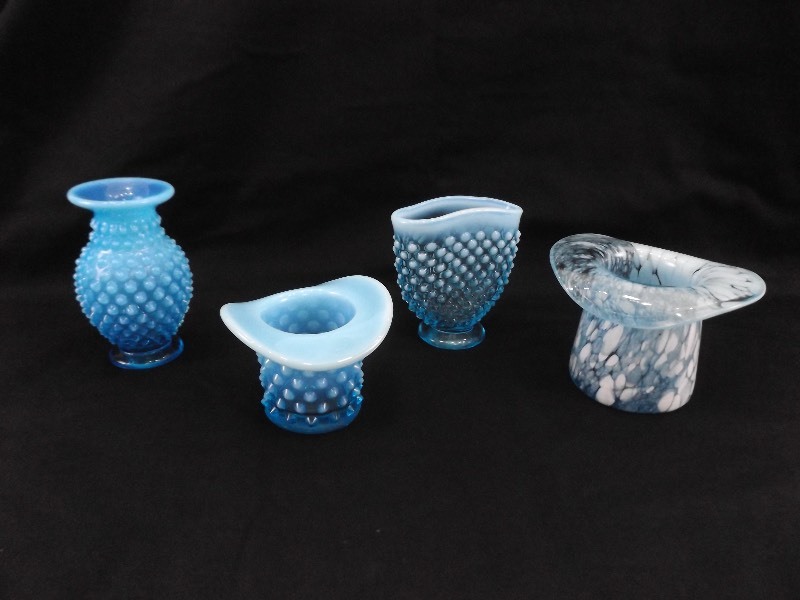 lot 77 image: Lot of Vintage Fenton, etc. Blue Opalescent Hobnail Glass Pieces