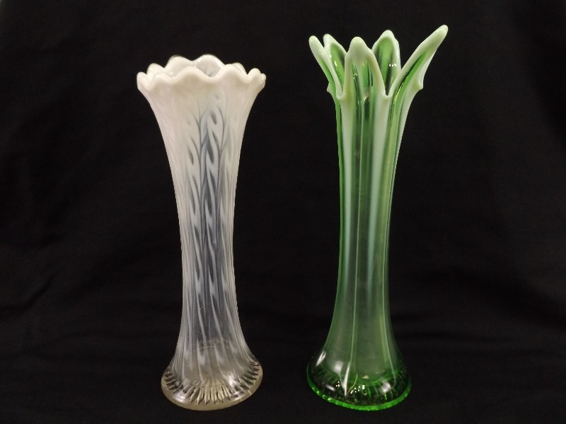 lot 80 image: 2 Vintage Fenton White, and Green Opalescent Vases