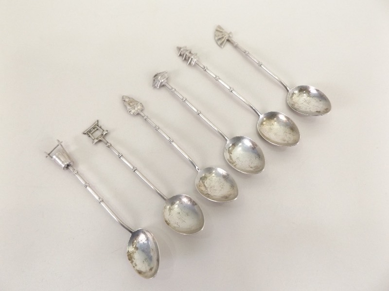 lot 48 image: 6 - .925 Sterling Silver Asian Themed Spoons 