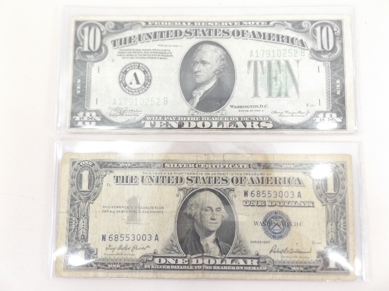 lot 41 image: 1934 A $10&nbspSeries Note, and 1957 Series  $1 Silver Certificate