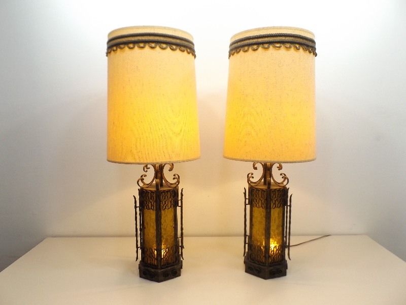 lot 90 image: 2 Working Mid Century Gothic Wrought Iron Lamps