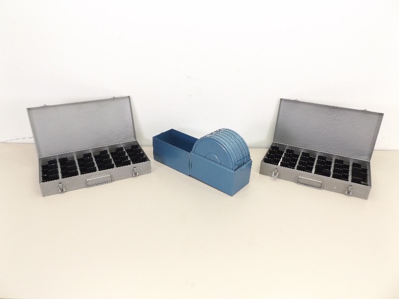 lot 89 image: 2 Brumberger Metal Organizers, and a Metal Movie Reel Organizer
