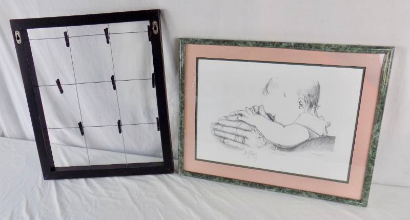 lot 8 image: (3) Piece Lot Hand Signed Dave McCamon Pencil Print Daddys Dream  (2) Hand Signed Framed B&W Photographic Print by Deb Grossfield Black  (8) Print Clothes pin Frame