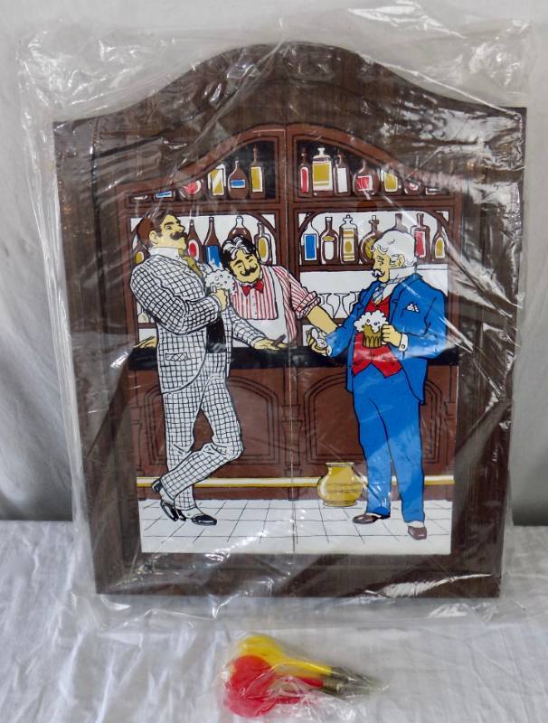 lot 12 image: (never used) Vintage Regent Sports Wooden Cabinet Dart Board & Darts