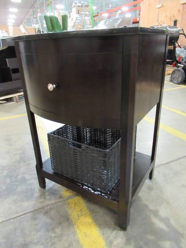 lot 29 image: 25 in. Vanity in Espresso with HeBei Marble Vanity Top in Black and White Basin