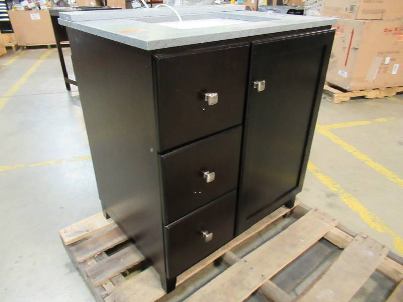 lot 30 image: Design Home 30 in. x 21 in. x 33 in. Shorewood 1-Door 2-Drawer Vanity with Solid White Cultured Marble Vanity Top with White Basin
