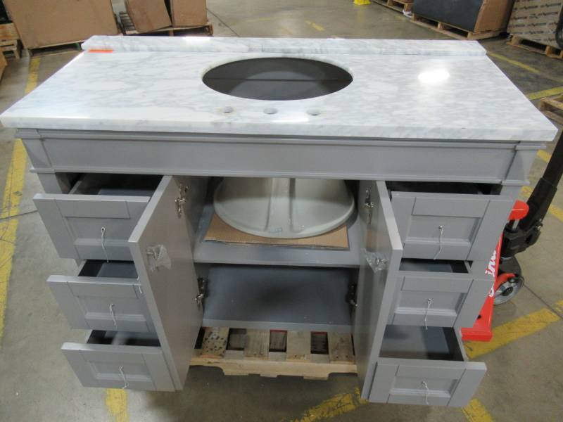 lot 31 image: Virtu USA Tiffany 48 in. W x 22 in. D Vanity in Grey with Marble Vanity Top in White with White Basin