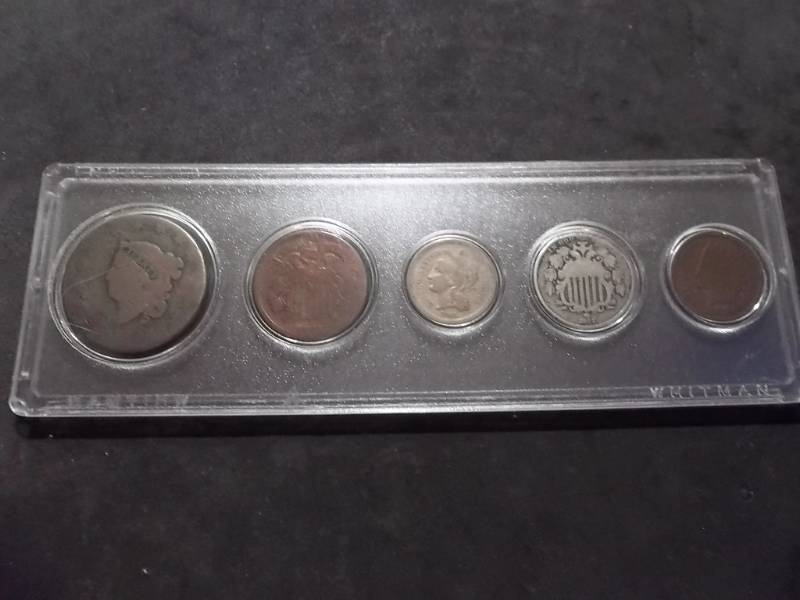 1800s Type Coin Set 1820 Large Cent, 1898 Indian Head Cent, 1965 2-Cent Piece, 1867 3-Cent Nickel, 1867 Shield Nickel