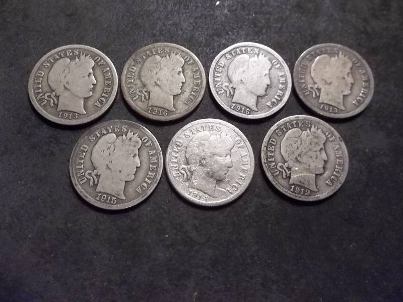 7 Barber Dimes 1912-1916 (1914 Is A- D Mint)