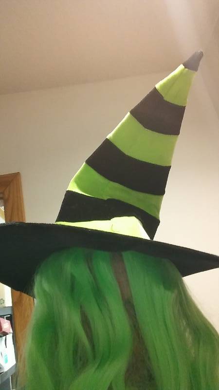 lot 36 image: Black and lime witches hat with green hair adult size.