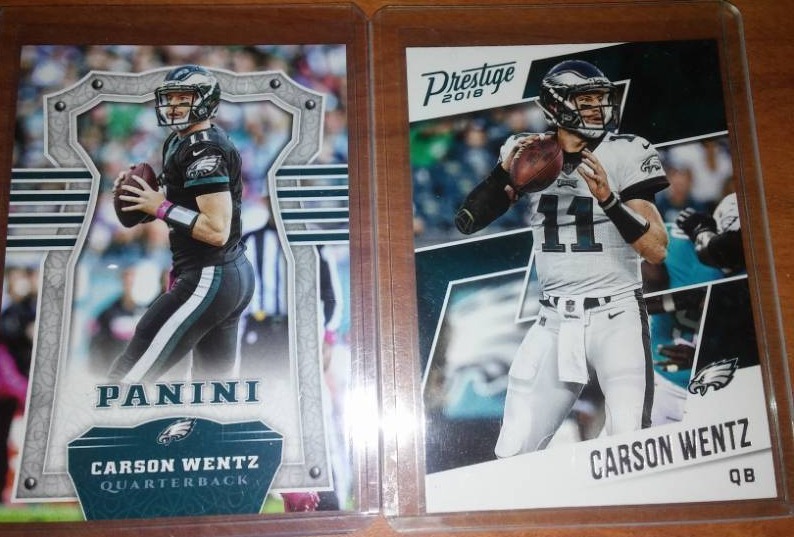 lot 43 image: 2 Carson Wentz rookie season cards, NFL, Philadelphia Eagles, Bison.