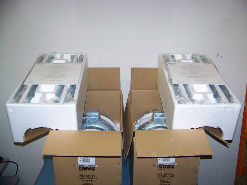 lot 62 image: (2 pair) Atlas Sound, FAP62T, In-Ceiling Speakers with Grilles and Ceiling Tile Brackets - NEW in Original Boxes