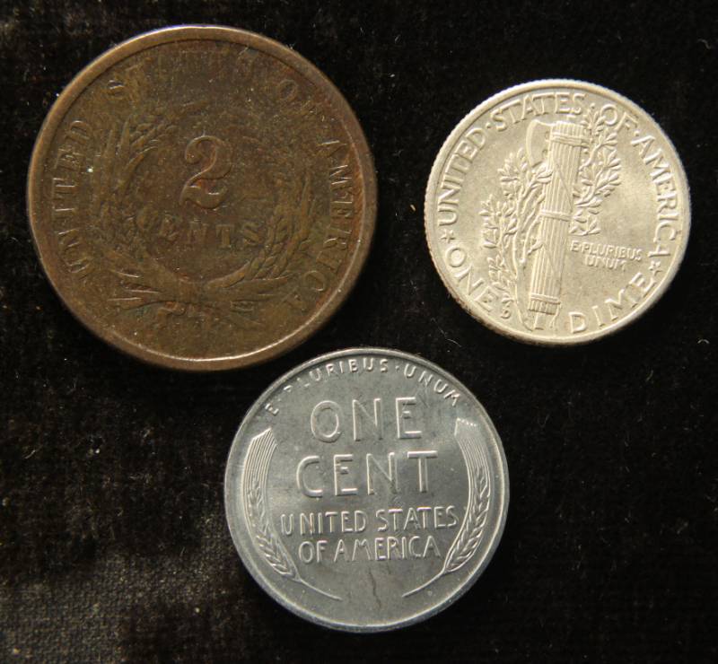 (3) US TYPE COINS 1864 2C, 1943-D 10C & 1943-S WAR CENT
