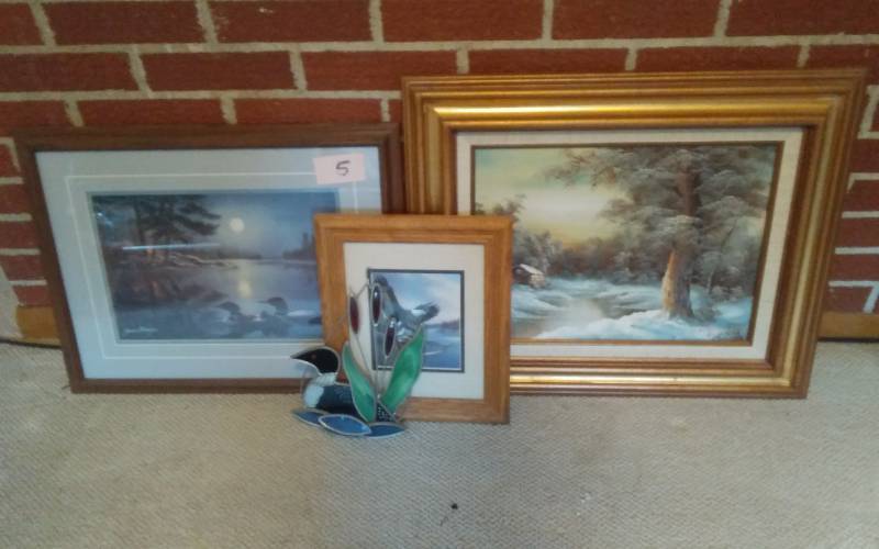 lot 5 image: James Meagher Framed Loon Print, Loon Sun Catcher, Eagle Picture, Snow Scene Painting By I.Cafieri