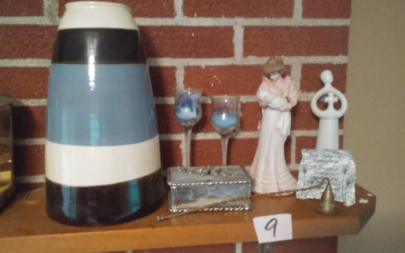 lot 9 image: Pottery Vase, Figurines, Glass Trinket Box