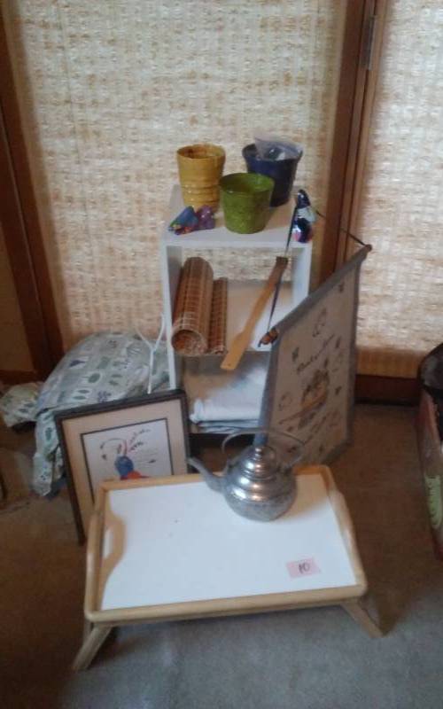 lot 10 image: Lot Of Decor Shelf, Tray, Table Cloths, Plant Pots, Wall Hanging
