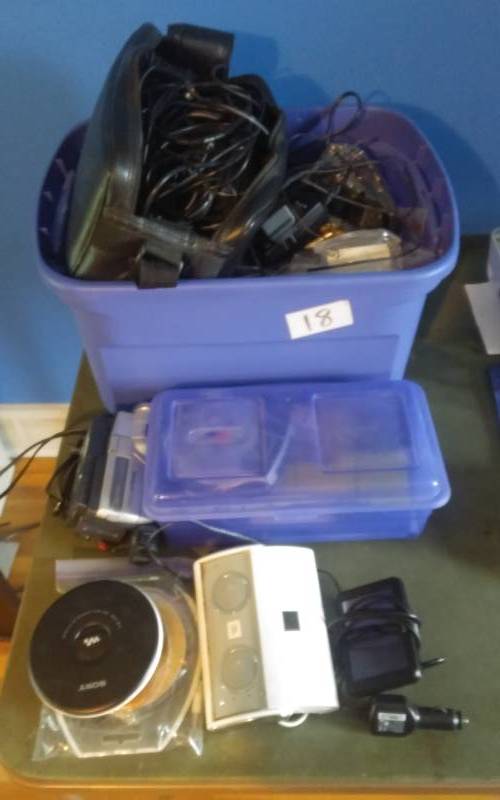 lot 18 image: Tote With Lid Full Of Misc Electronics, Personal CD Players