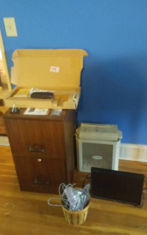 lot 19 image: Lot Of Computer & Office Related  Keyboard, Monitor, 2-Drawer File, Paper Shredder