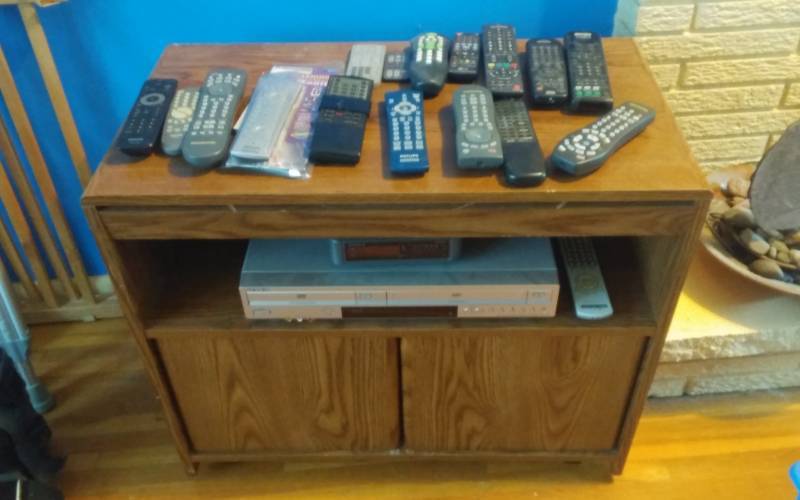 lot 21 image: Media Storage Cabinet With Swivel Top (30x16x25), Large Variety Remotes
