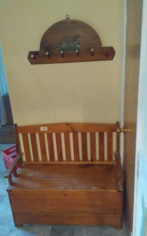 lot 25 image: Pine Storage Bench 40x17x36, Wall Hook, 2-Sided Welcome Sign (LoonChristmas)