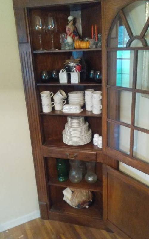 lot 36 image: Contents Of Corner Cabinet Set Of Pfaltzgraff Dishes Service For 8, Misc Candle Holders