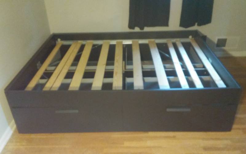 lot 38 image: 3-Piece IKEA Bedroom-Platform Bed With Drawers 56x77, Tall Cabinet 24x16x76, Desk & Chair 48x18x29