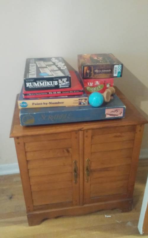 lot 44 image: Record Storage Cabinet (23x17x23), Lot Of Assorted Games