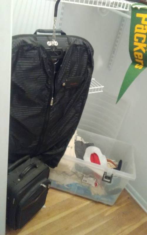 lot 46 image: Small Suitcase, Garment Bag, Trunk Of Bedding, Sweatshirts