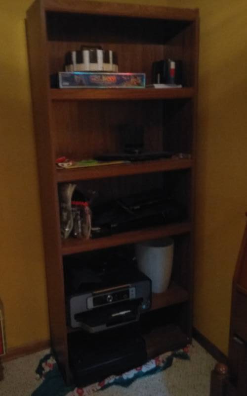 lot 57 image: Shelf (30x12x71) & Contents (Kodak Printer-Works, Insignia DVD Player & TV Stand, Games, Misc)