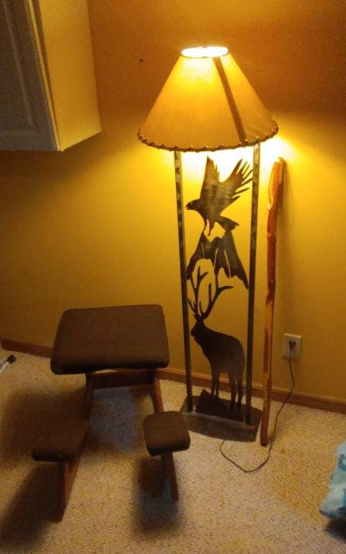 lot 61 image: Unique Metal Floor Lamp 61 Tall, Ergonomic Chair, Walking Stick