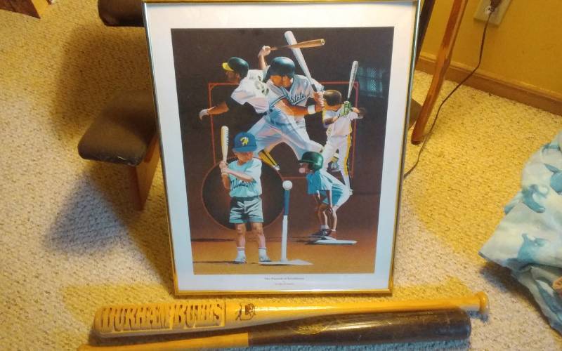 lot 65 image: Framed Print 20x26 The Pursuit Of Excellence By Terrance Fogerty, 2-Wood Bats (Omar Vizquel, Durham Bulls)