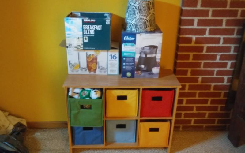 lot 69 image: 32x12x24 Toy Organizer, Oster Ice Cream Machine, Asst Glasses, Candles, Lamp Shade