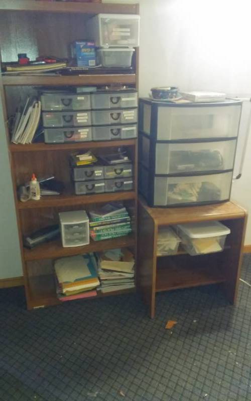 lot 85 image: Shelf 29x12x72 & Contents Office Supplies, 3-Drawer Organizer, Other Shelf 24x24x27 With Books, Craft Misc