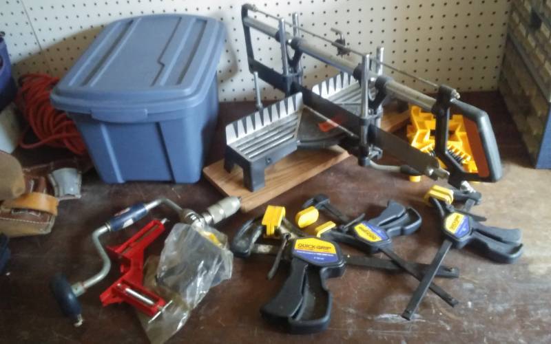 lot 90 image: Jorgensen Miter Box & Saw, Quick Grip Clamps, Hand Drill