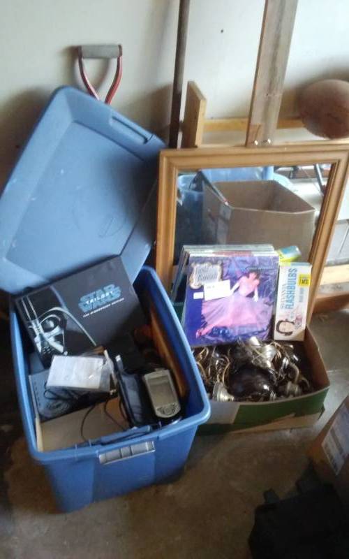 lot 108 image: Tote Of Misc Records, Chandelier Parts, Old Palm Pilots, Ball Rack